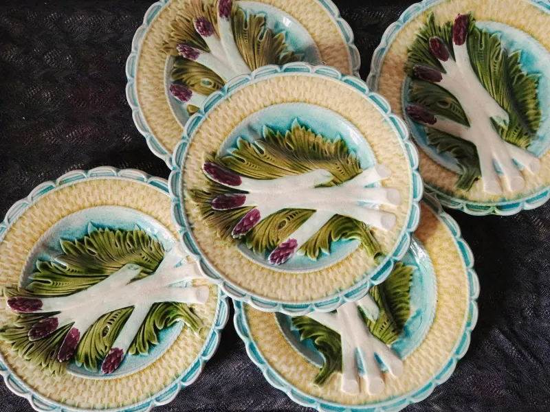 New Pamono Antique French Asparagus Barbotine Plate from Salins, 1900s, Set of 5