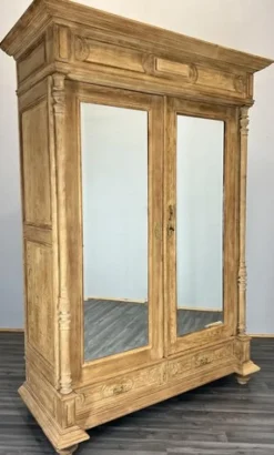 Pamono Antique French Carved Oak Wardrobe with Mirror and Drawers> Cabinets & Wardrobes