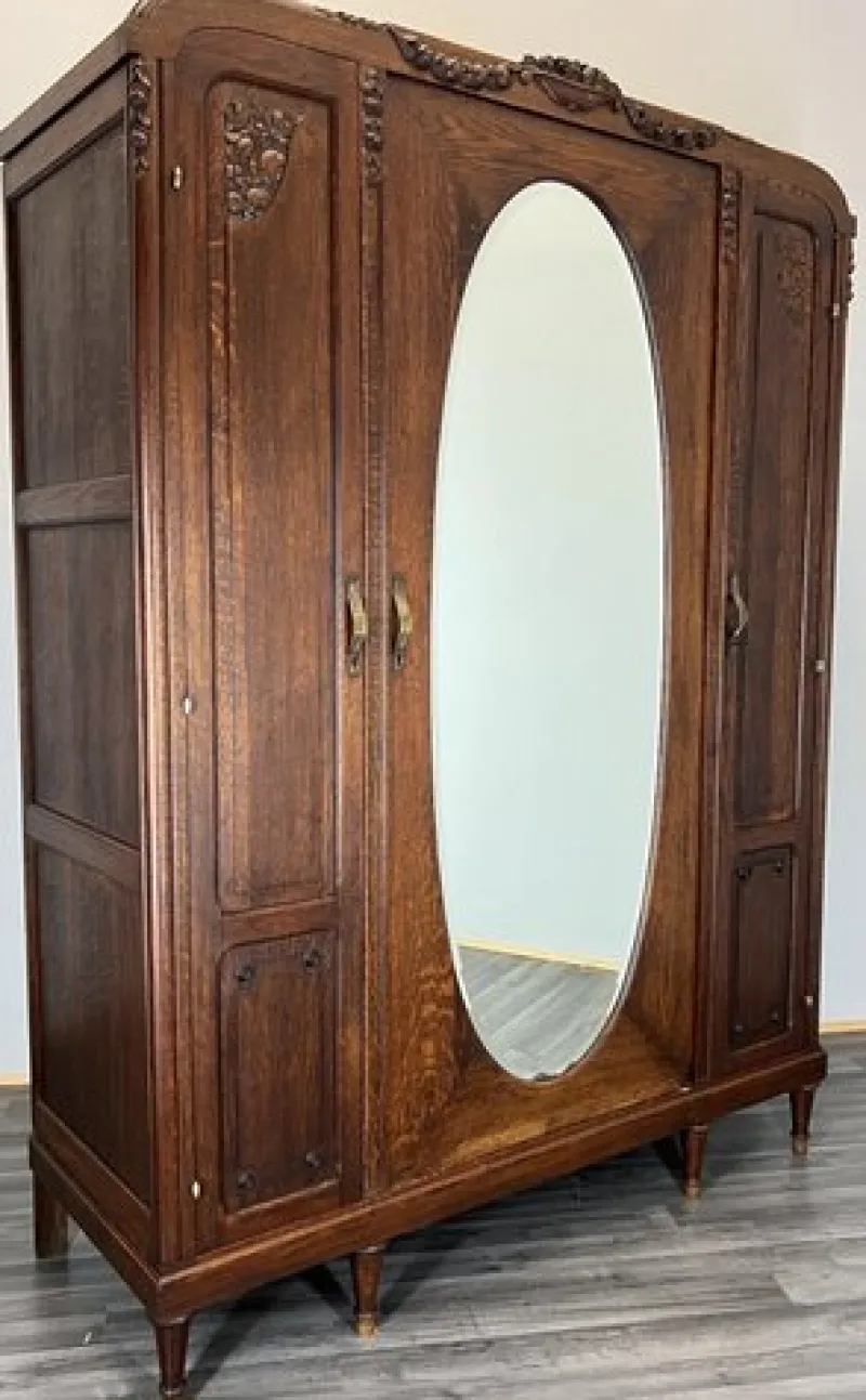 Pamono Antique French Carved Oak Wardrobe with Mirror> Cabinets & Wardrobes
