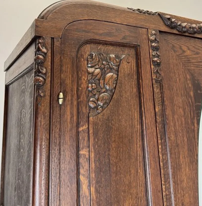 Pamono Antique French Carved Oak Wardrobe with Mirror> Cabinets & Wardrobes