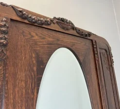 Pamono Antique French Carved Oak Wardrobe with Mirror><noscript><img width=