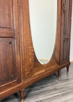 Pamono Antique French Carved Oak Wardrobe with Mirror><noscript><img width=