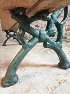 Pamono Antique French Cast Iron & Oak Park Bench in Sea Green Patina, 1890s><noscript><img width=