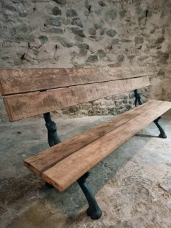 Pamono Antique French Cast Iron & Oak Park Bench in Sea Green Patina, 1890s><noscript><img width=
