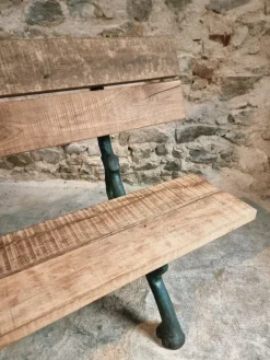 Pamono Antique French Cast Iron & Oak Park Bench in Sea Green Patina, 1890s><noscript><img width=