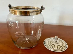 Pamono Antique French Crystal and Silver-Plated Biscuit Barrel with Etched Floral Motifs, Late 19th Century><noscript><img width=