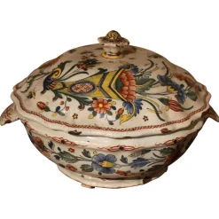 Discount Pamono Antique French Faience Lidded Bowl Tureen Hand Painted with Flowers and Insects