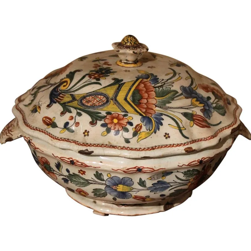Discount Pamono Antique French Faience Lidded Bowl Tureen Hand Painted with Flowers and Insects