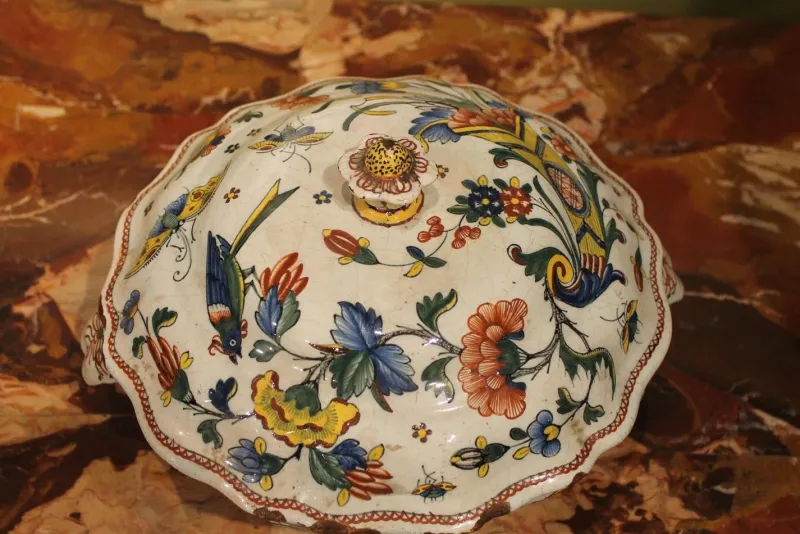 Discount Pamono Antique French Faience Lidded Bowl Tureen Hand Painted with Flowers and Insects