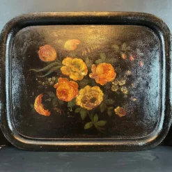 Online Pamono Antique French Floral Hand Painted Toleware Metal Tray