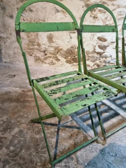 Pamono Antique French Iron Folding Garden Chairs with Aged Green Patina, 1920s, Set of 4><noscript><img width=