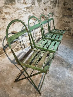 Pamono Antique French Iron Folding Garden Chairs with Aged Green Patina, 1920s, Set of 4><noscript><img width=