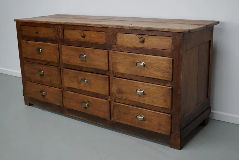 Sale Pamono Antique French Oak and Beech Rustic Bank of Apothecary Drawers, 1910s