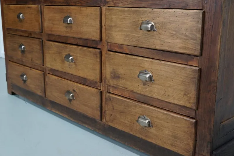Sale Pamono Antique French Oak and Beech Rustic Bank of Apothecary Drawers, 1910s