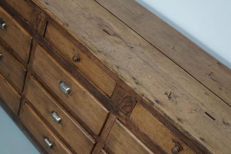 Sale Pamono Antique French Oak and Beech Rustic Bank of Apothecary Drawers, 1910s