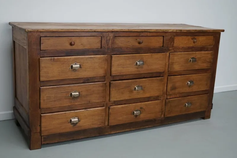 Sale Pamono Antique French Oak and Beech Rustic Bank of Apothecary Drawers, 1910s
