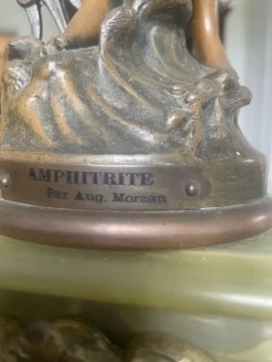 Pamono Antique French Onyx and Spelter Clock Depicting Amphitrite in the style of Auguste Moreau, 1900><noscript><img width=