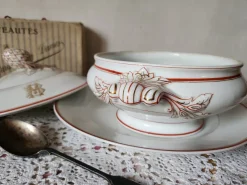 Pamono Antique French Porcelain Pillivuyt Soup Tureen with Gilded MB/BM Monogram> Serving Dishes