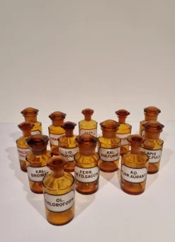 Pamono Antique German Amber Glass Apothecary Pharmacy Hand Blown Jars, Set of 13> Bottles, Carafes & Jugs