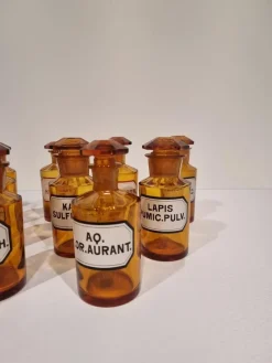 Pamono Antique German Amber Glass Apothecary Pharmacy Hand Blown Jars, Set of 13><noscript><img width=