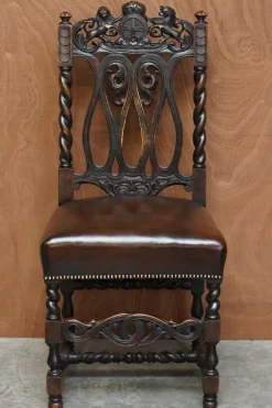 Pamono Antique Hand Carved Armorial Crest Coat of Arms Jacobean Dining Chairs, Set of 8><noscript><img width=