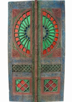 New Pamono Antique Hand-Carved Colored Glass Door with Double Wing Door Swat-Tal, Pakistan, 1920s