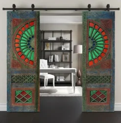 New Pamono Antique Hand-Carved Colored Glass Door with Double Wing Door Swat-Tal, Pakistan, 1920s