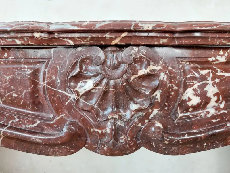 Pamono Antique Hand-Carved Trois Coquilles Mantelpiece in Red Marble> Fireplaces And Mantels