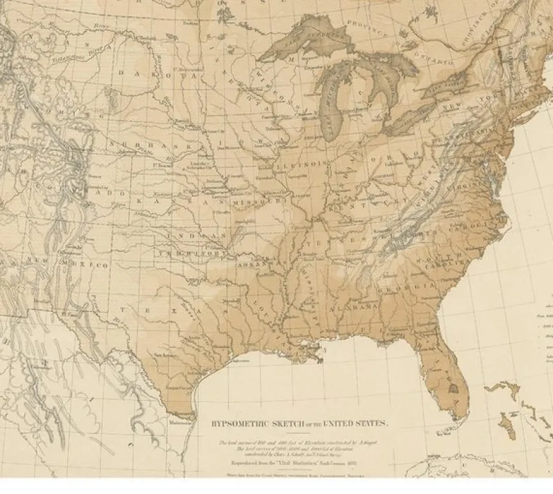 Discount Pamono Antique Hypsometric Map of the United States by Walker, 1874