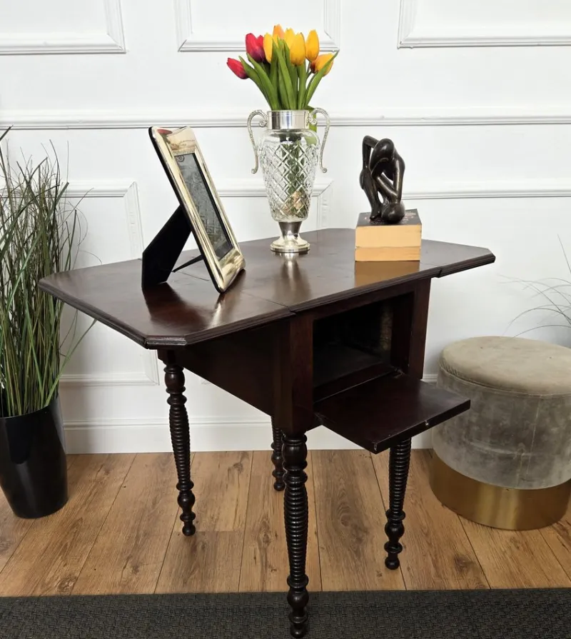 Pamono Antique Italian Walnut Drop Leaf Pembroke Console with Carved Turned Legs, 1890s> Console Tables