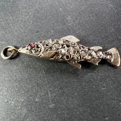 Pamono Antique 18k Rose Gold Silver Ruby Diamond Fish Charm Pendant, 1890s><noscript><img width=