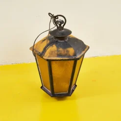 Pamono Antique Lantern in Iron and Amber Glass> Garden Lighting