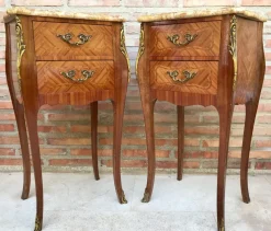 Pamono Antique Louis XV French Marquetry Marble Top Nightstands, Set of 2