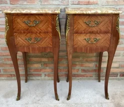 Pamono Antique Louis XV French Marquetry Marble Top Nightstands, Set of 2