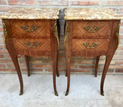 Pamono Antique Louis XV French Marquetry Marble Top Nightstands, Set of 2
