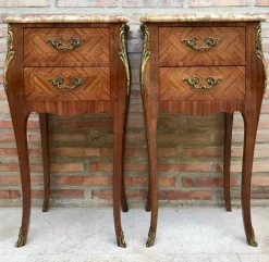 Pamono Antique Louis XV French Marquetry Marble Top Nightstands, Set of 2