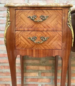 Pamono Antique Louis XV French Marquetry Marble Top Nightstands, Set of 2