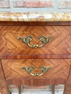 Pamono Antique Louis XV French Marquetry Marble Top Nightstands, Set of 2