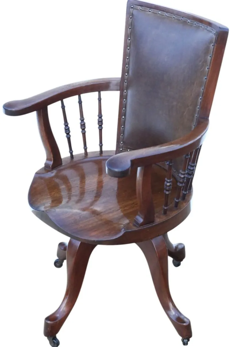 Pamono Antique Mahogany and Leather Swivel Captain's Chair, 1900s> Office Chairs