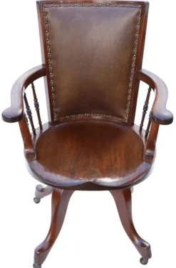 Pamono Antique Mahogany and Leather Swivel Captain's Chair, 1900s><noscript><img width=