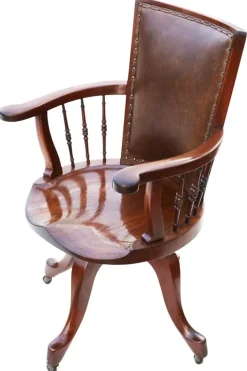 Pamono Antique Mahogany and Leather Swivel Captain's Chair, 1900s><noscript><img width=