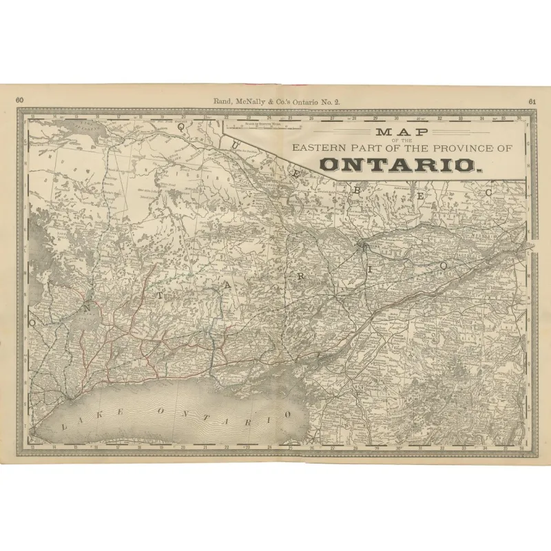 Hot Pamono Antique Map of Eastern Ontario The Heartland Province with Railroads, 1888