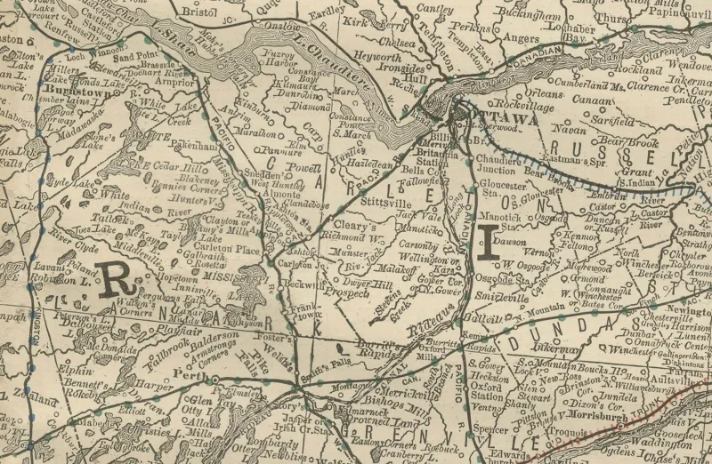 Hot Pamono Antique Map of Eastern Ontario The Heartland Province with Railroads, 1888