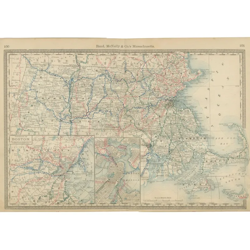 Pamono Antique Map of Massachusetts with The Bay State, Railroads & Boston Inset, 1888> Wall Decor