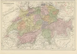 Pamono Antique Map of Switzerland Canton Divisions, 1884> Wall Decor