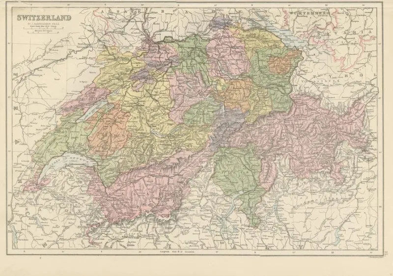Pamono Antique Map of Switzerland Canton Divisions, 1884> Wall Decor