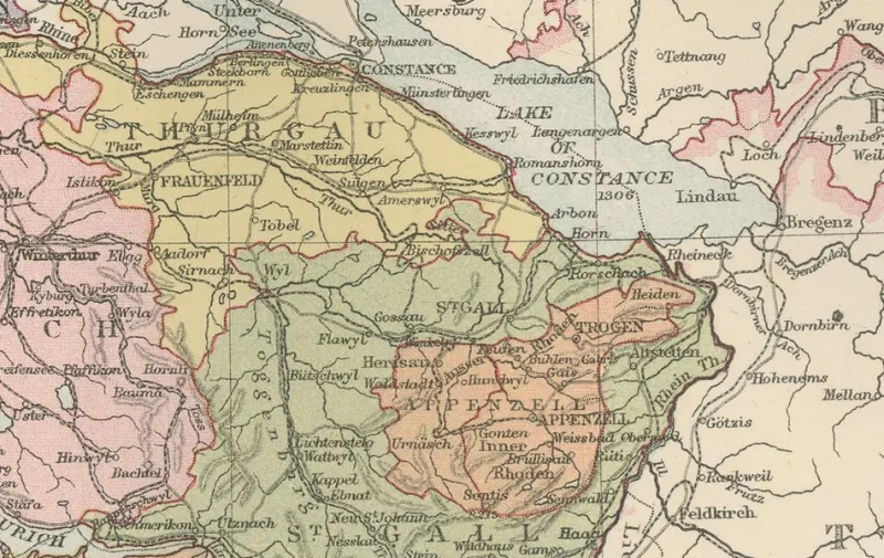 Pamono Antique Map of Switzerland Canton Divisions, 1884> Wall Decor
