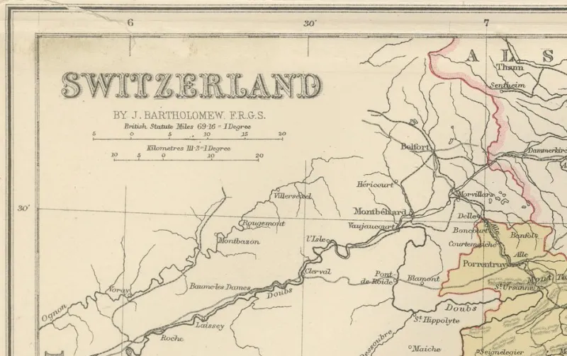 Pamono Antique Map of Switzerland Canton Divisions, 1884> Wall Decor