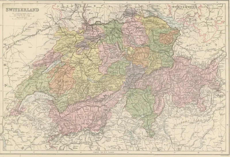 Pamono Antique Map of Switzerland Canton Divisions, 1884> Wall Decor
