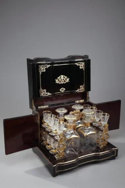 Hot Pamono Antique Napoleon III Liquor Cellar in Ebony with Brass Inlay, Set of 21